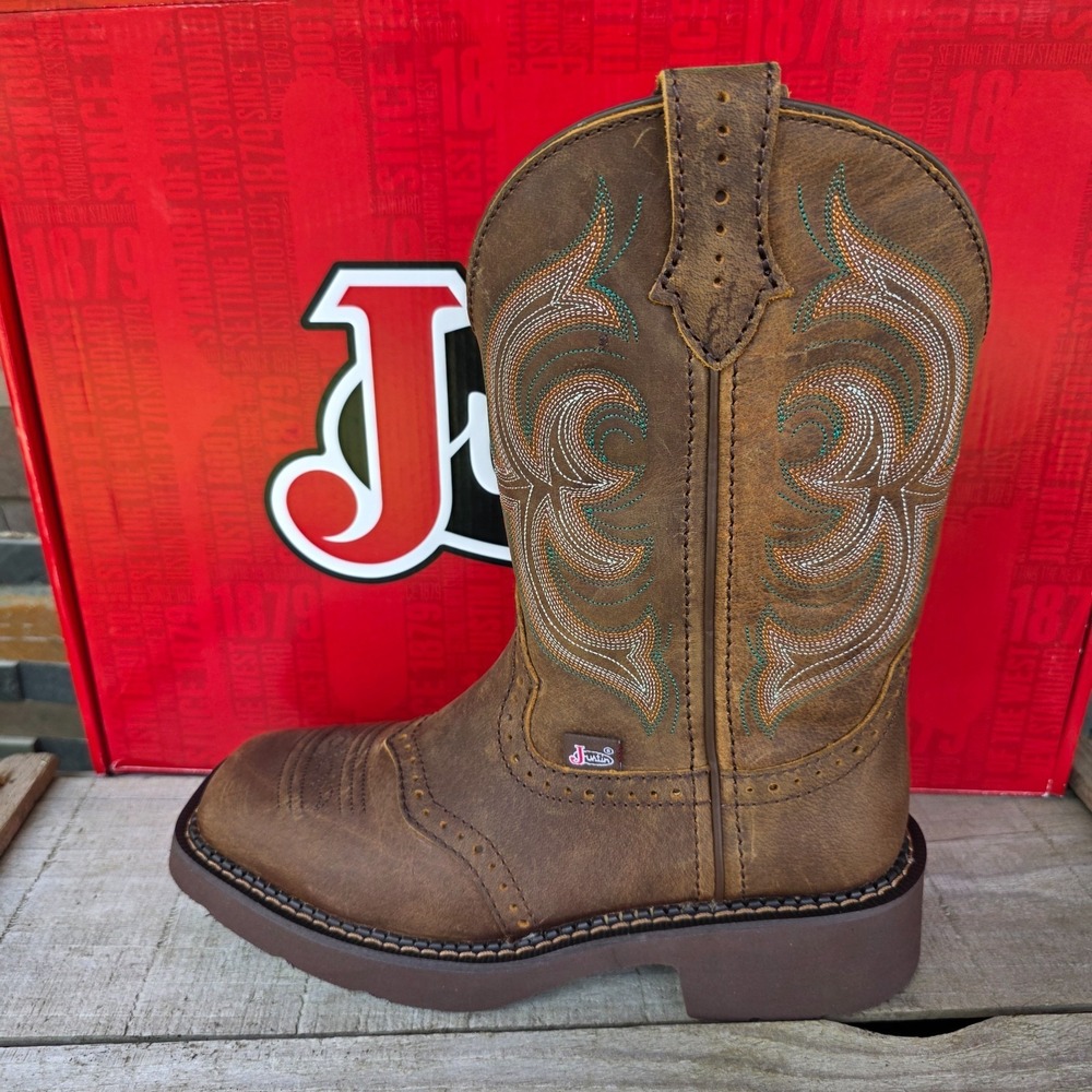 Justin Boots INJI Brown Water Buffalo Wide Square Toe Boots Size 6B GY9984 NEW - Picture 10 of 16